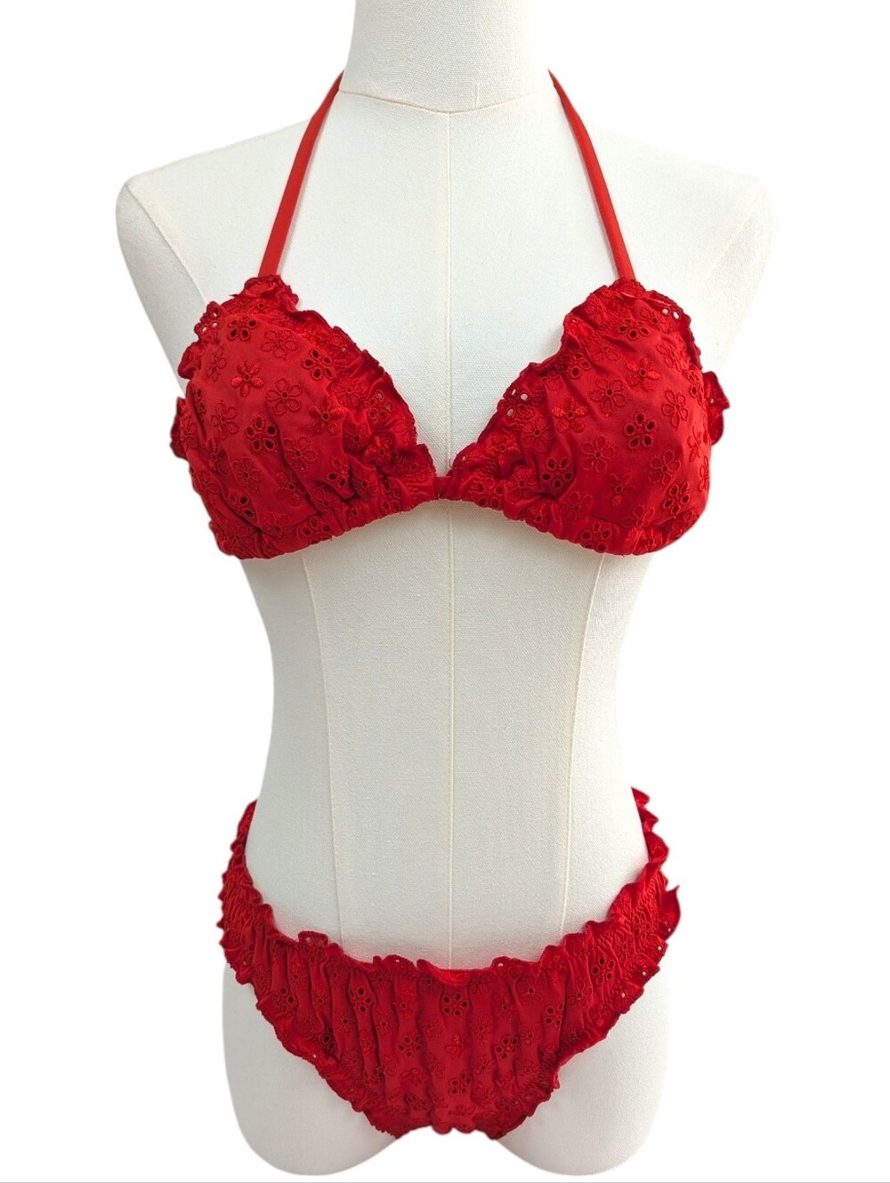 NWT Pink by Frankie's Red Bikini Set Eyelet Ruffle Size S